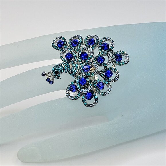 PEACOCK Ring Blue Crystals Stretch Band Ring - Picture 2 of 11